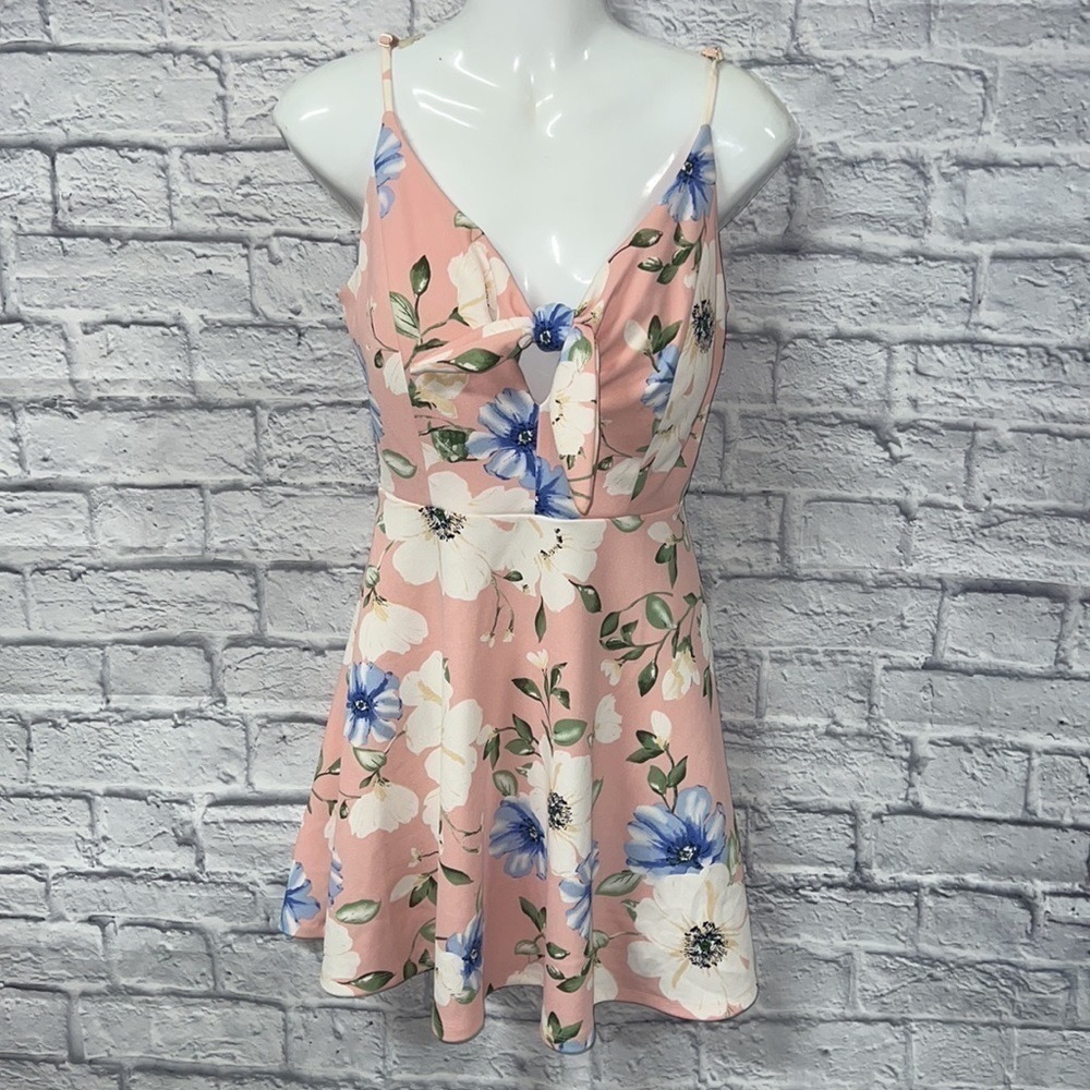 xhilaration pink floral mini dress | front Knott tie | size Small - Picture 3 of 7